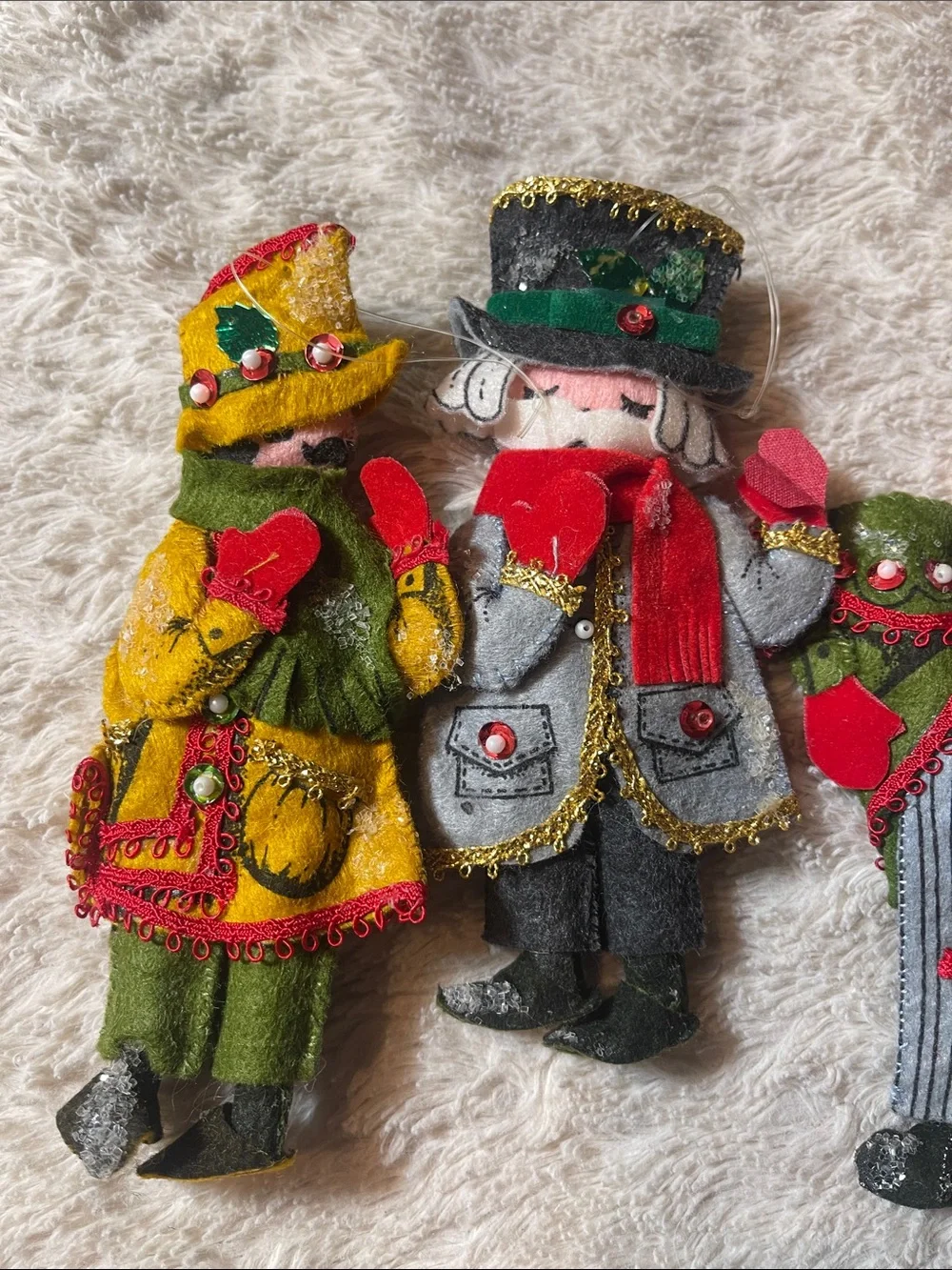 Vintage  Felt Holiday Carolers ornaments Trio in Red, Green, Yellow
